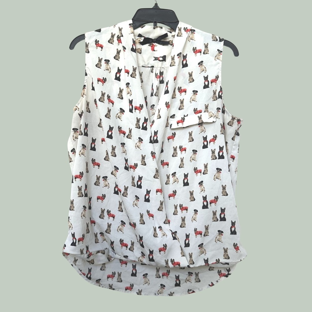 Ali & Kris Womens Novelty Quirky Dog Lover Surplice Sleeveless Blouse Sz L Cream